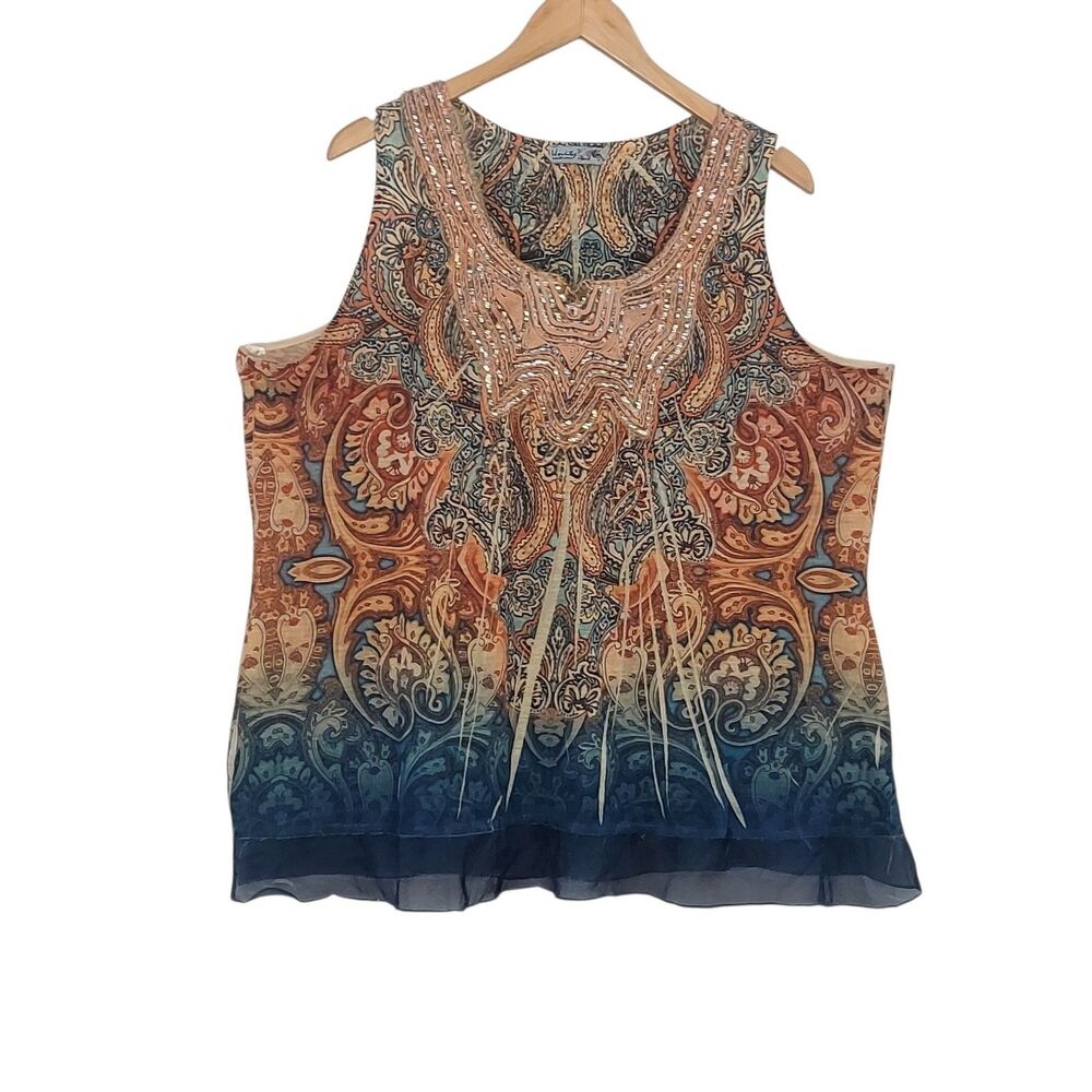 Unity World Wear Woman 3X Paisley Sleeveless Tunic Top Gold Sequin Embellished